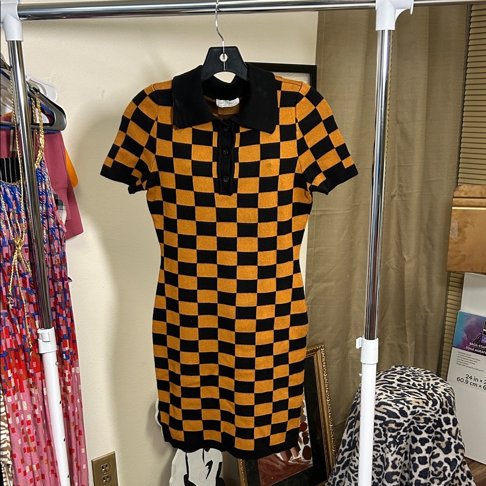 Chic Checkered Mini Dress in Black and Orange